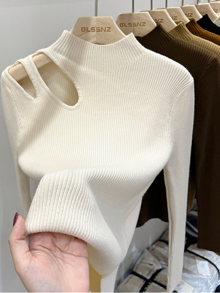 Embroidery Thread Yarn - Suéter Feminino de Tricô Gola Alta